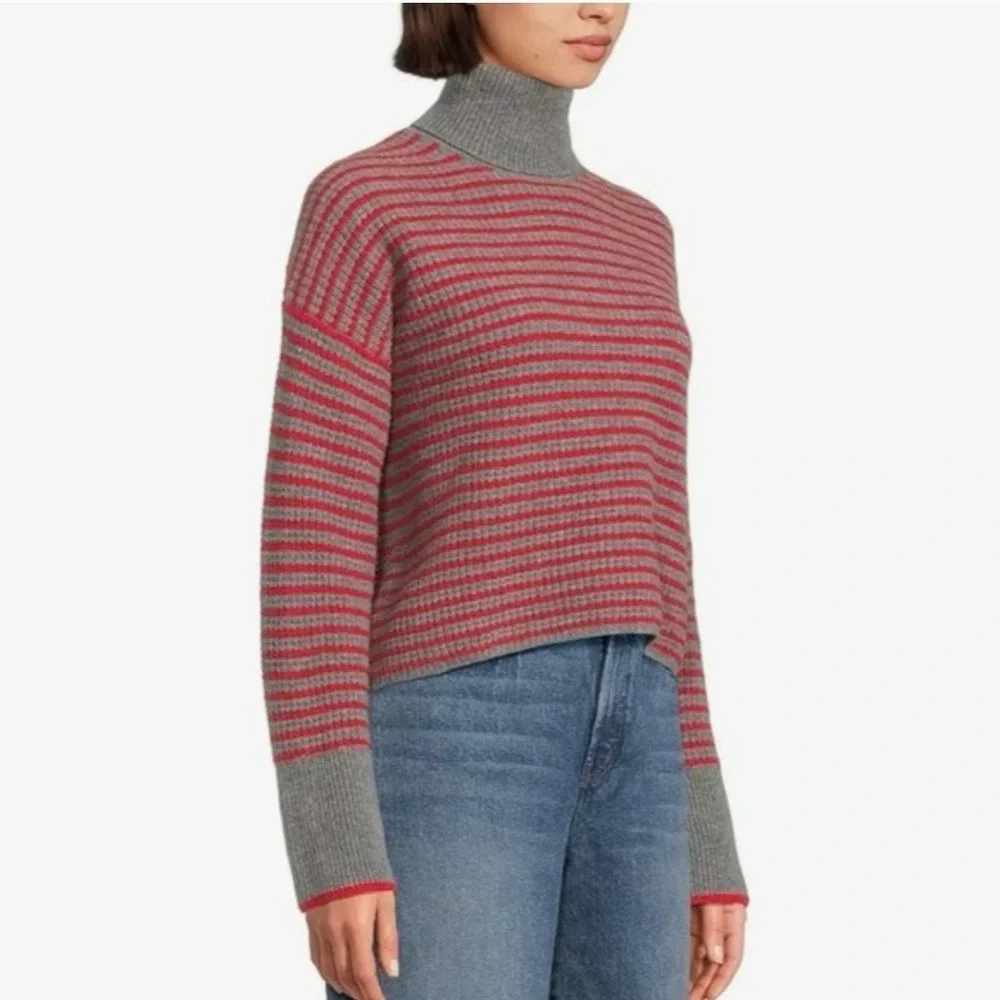 NWT‎ Madewell Red Pine Stripe 100% Wool Waffle Turtleneck Sweater Size XL